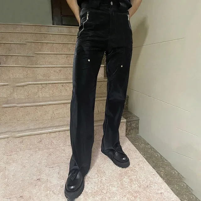 Wiaofellas Y2k Mens American Retro Design Punk Street Trousers Fashion High Waist Loose Versatile Split Liquid Leather Pants Unisex