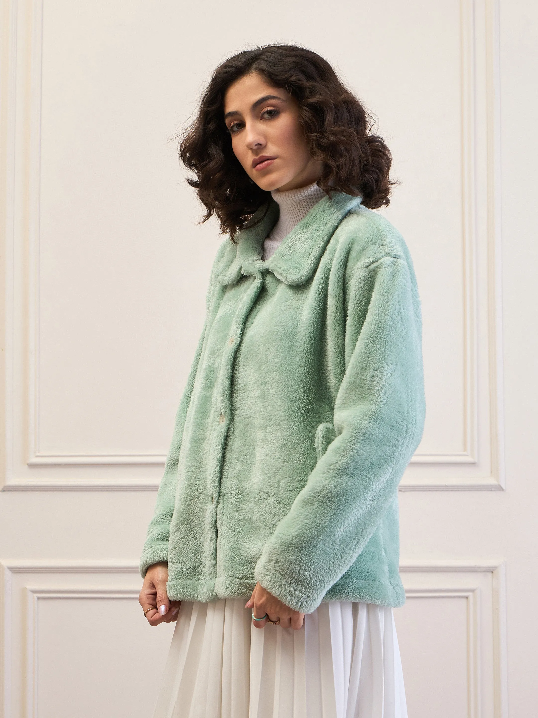 Women Green Fur Flap Pockets Detail Jacket