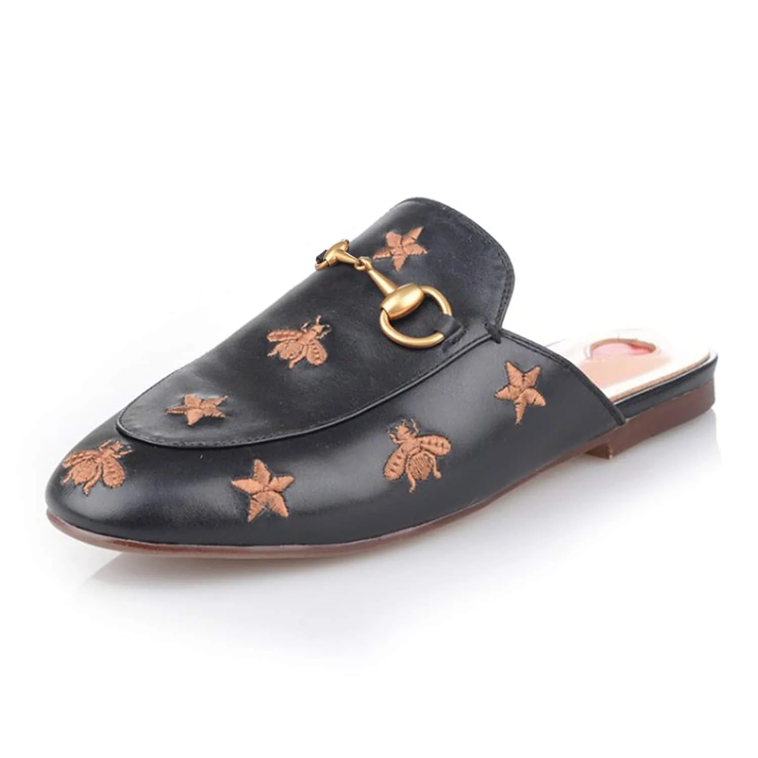 Women Heart Metal Buckle Embroidery Pattern Mules