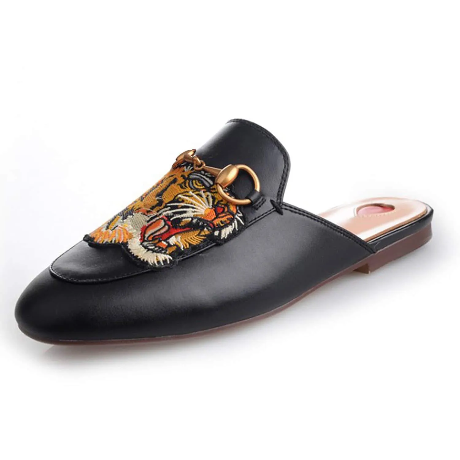 Women Heart Metal Buckle Embroidery Pattern Mules