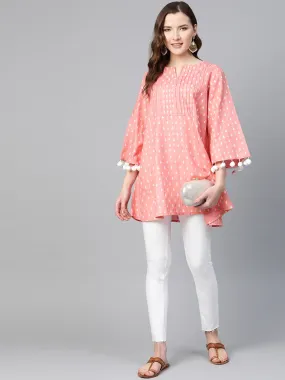 Women Peach-Coloured & White Cotton Printed Tunic