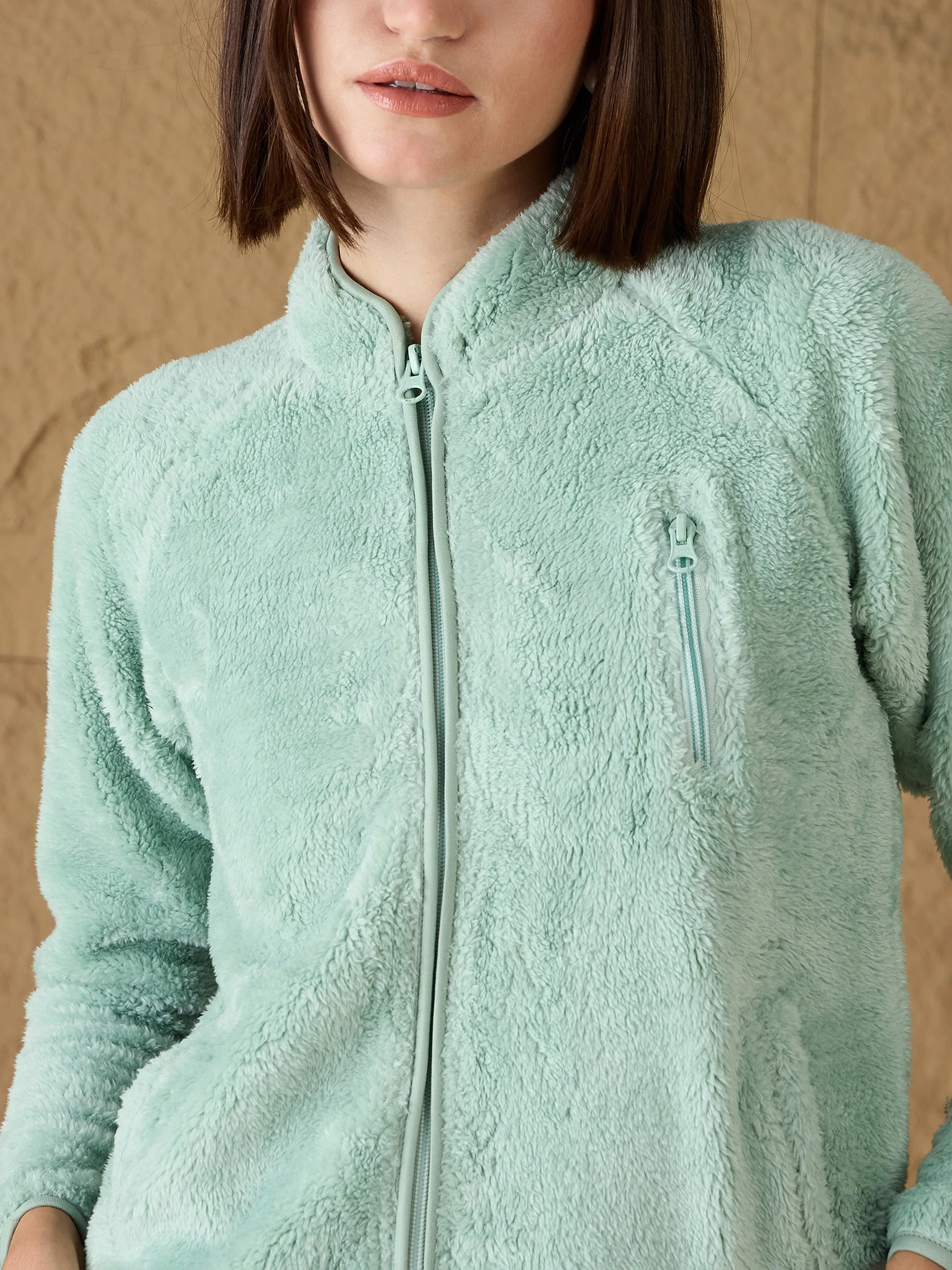 Women Sea Green Fur Front Zipper Jacket