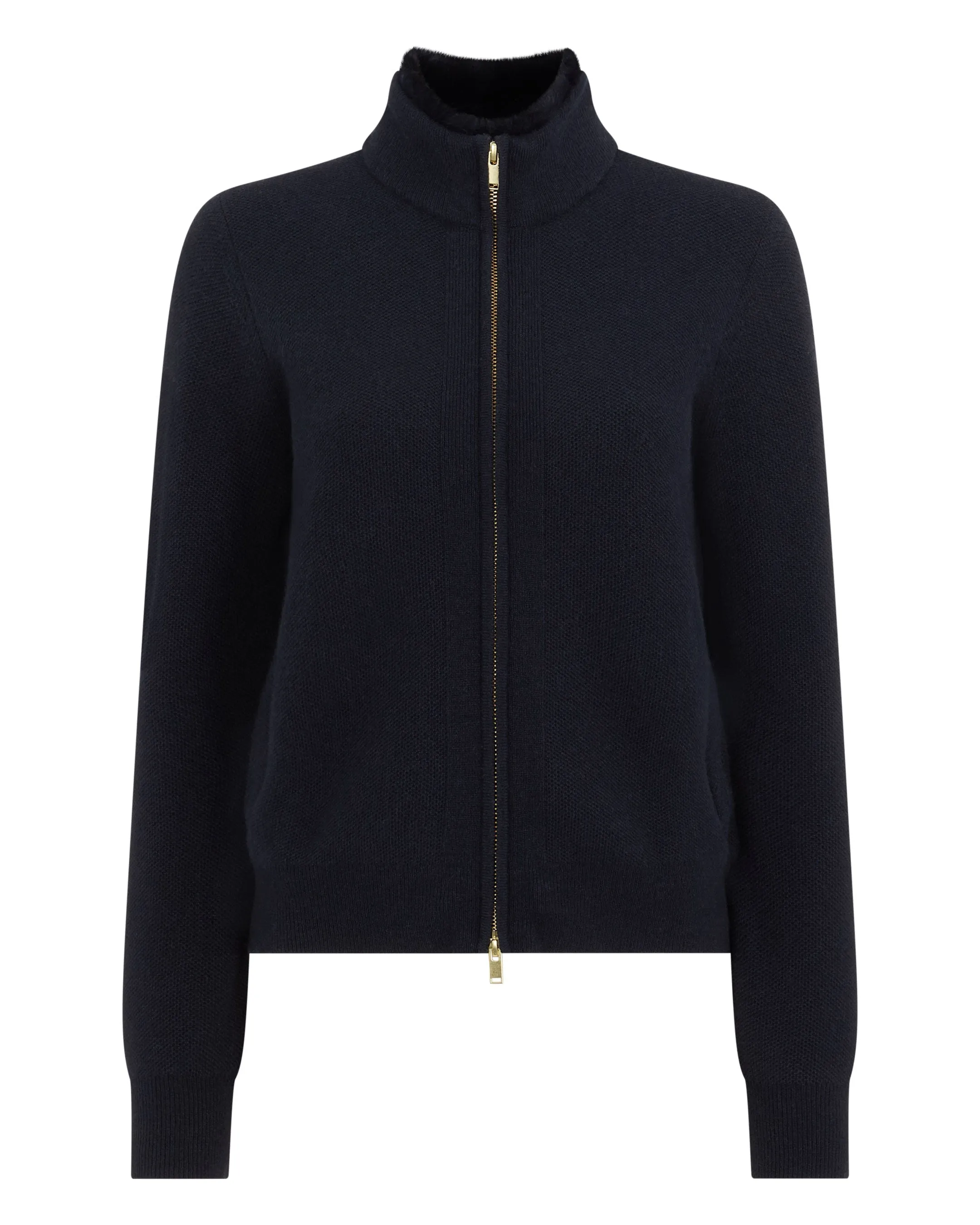 Women's Honeycomb Full Zip Cashmere Sweater With Fur Trim Navy Blue