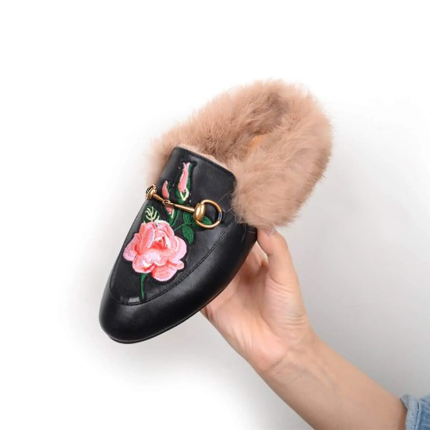 Womens Rose Classic Buckle Fur Mules