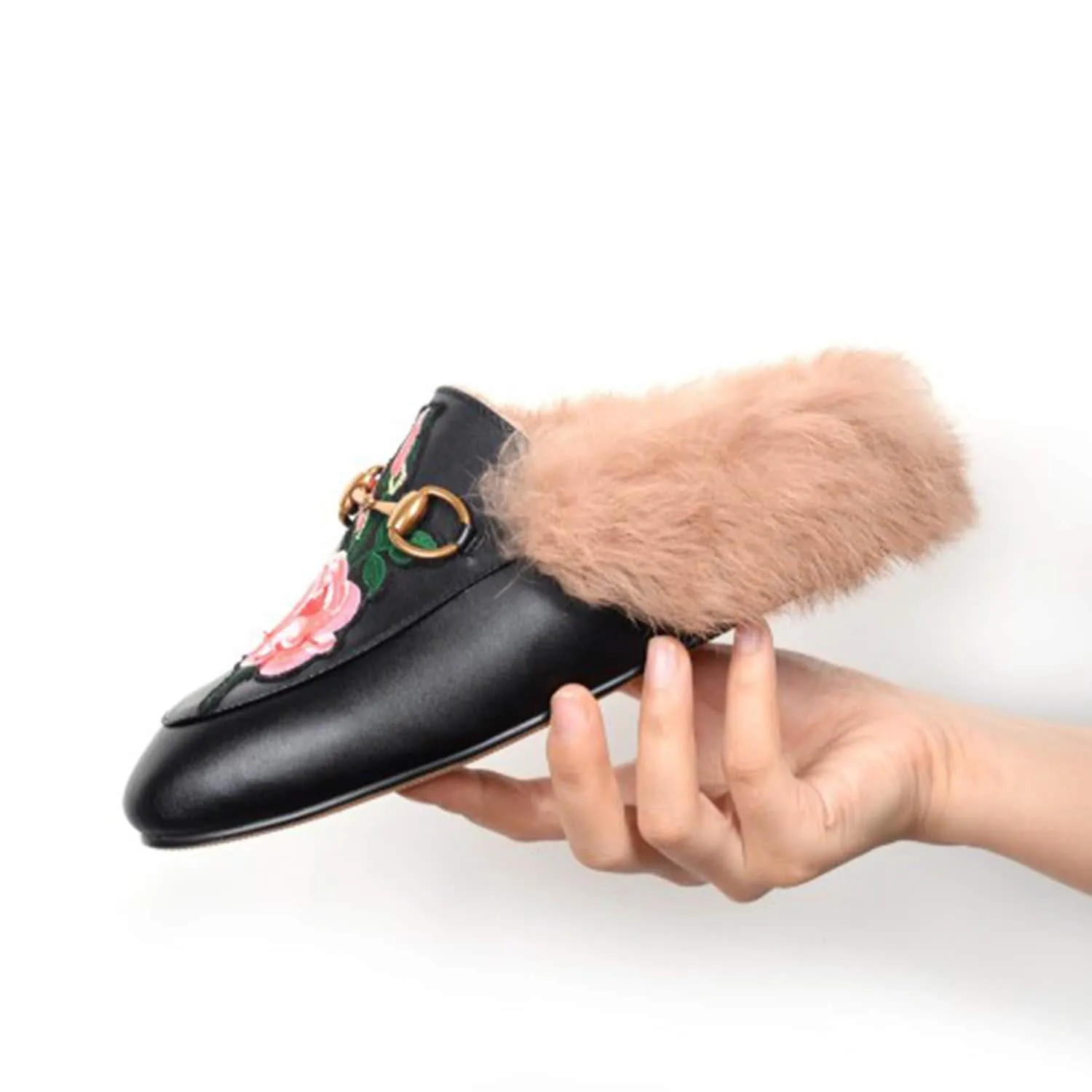 Womens Rose Classic Buckle Fur Mules