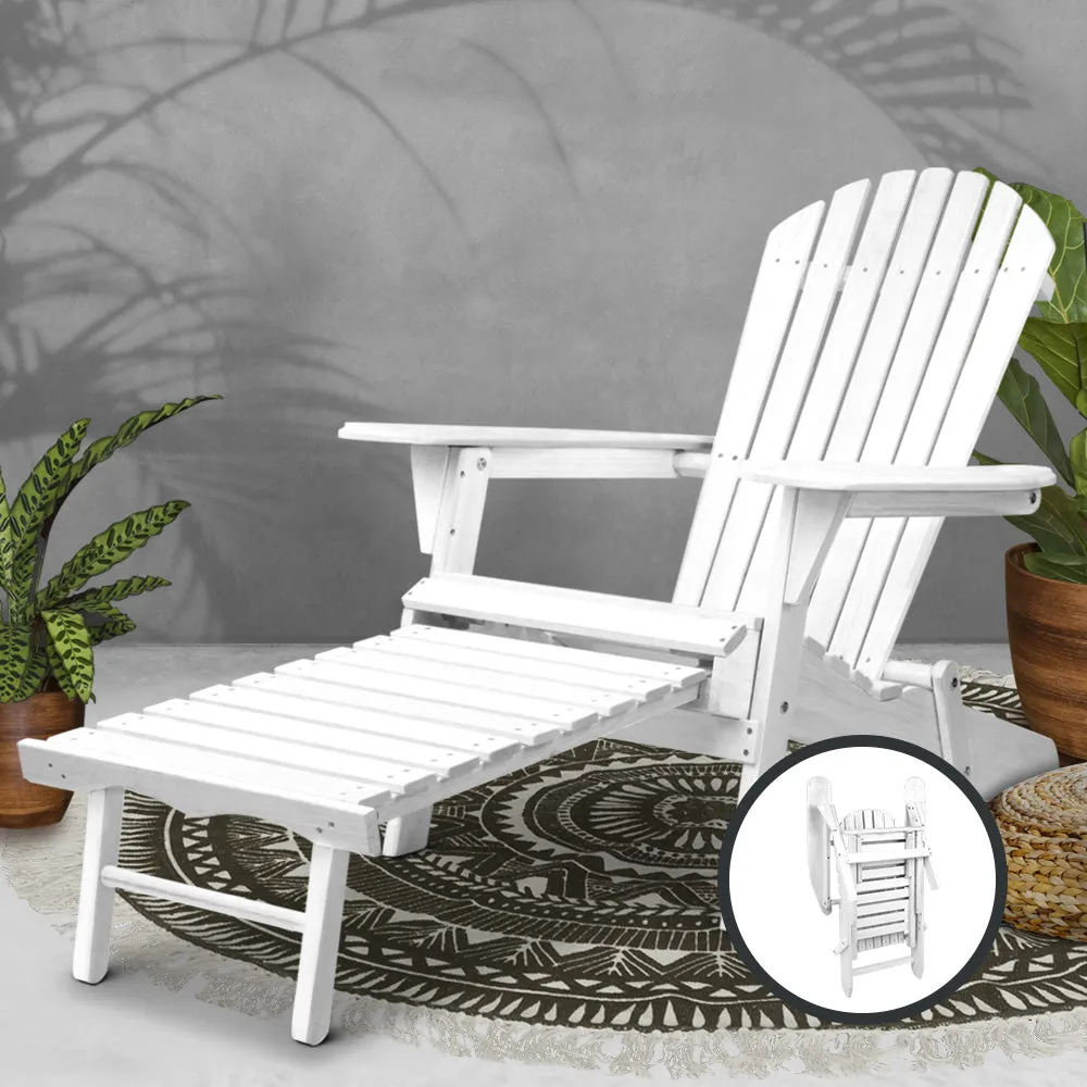 Wooden Outdoor Beach Chair Adirondack Style Armchair with Ottoman - White