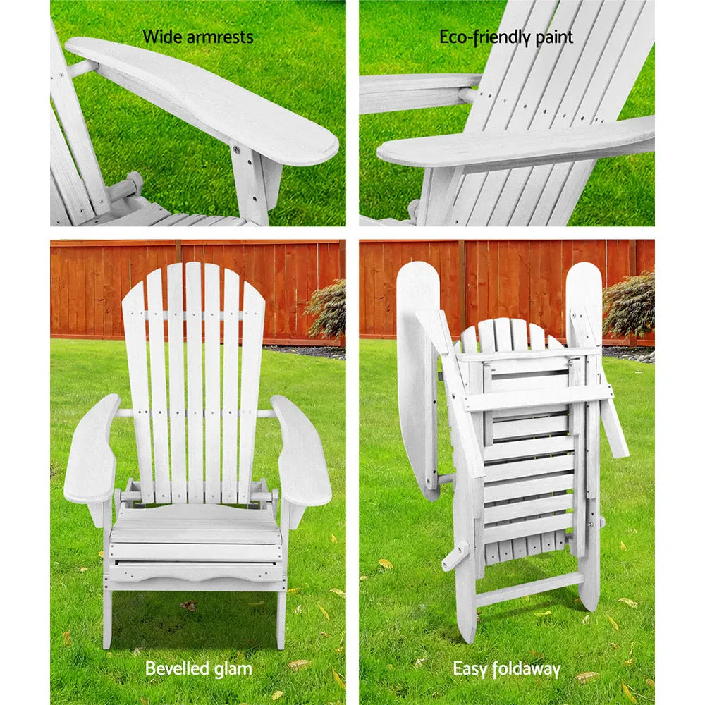 Wooden Outdoor Beach Chair Adirondack Style Armchair with Ottoman - White