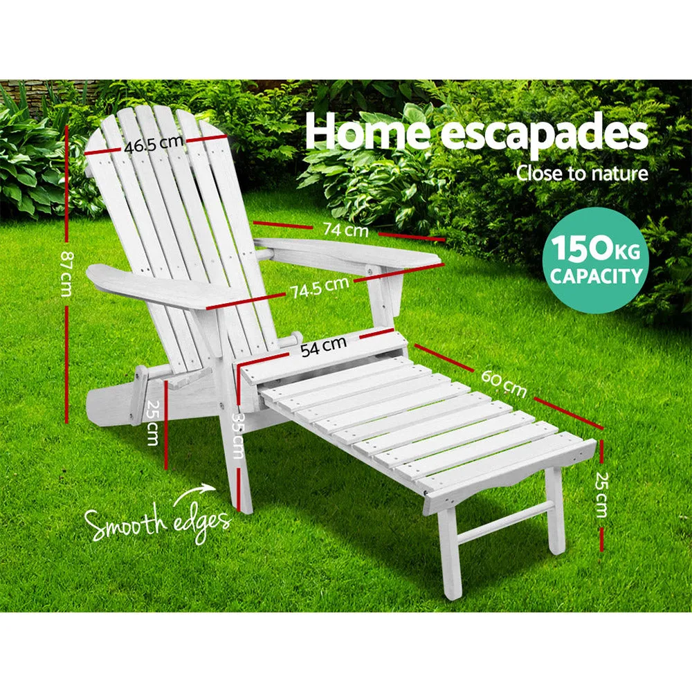 Wooden Outdoor Beach Chair Adirondack Style Armchair with Ottoman - White