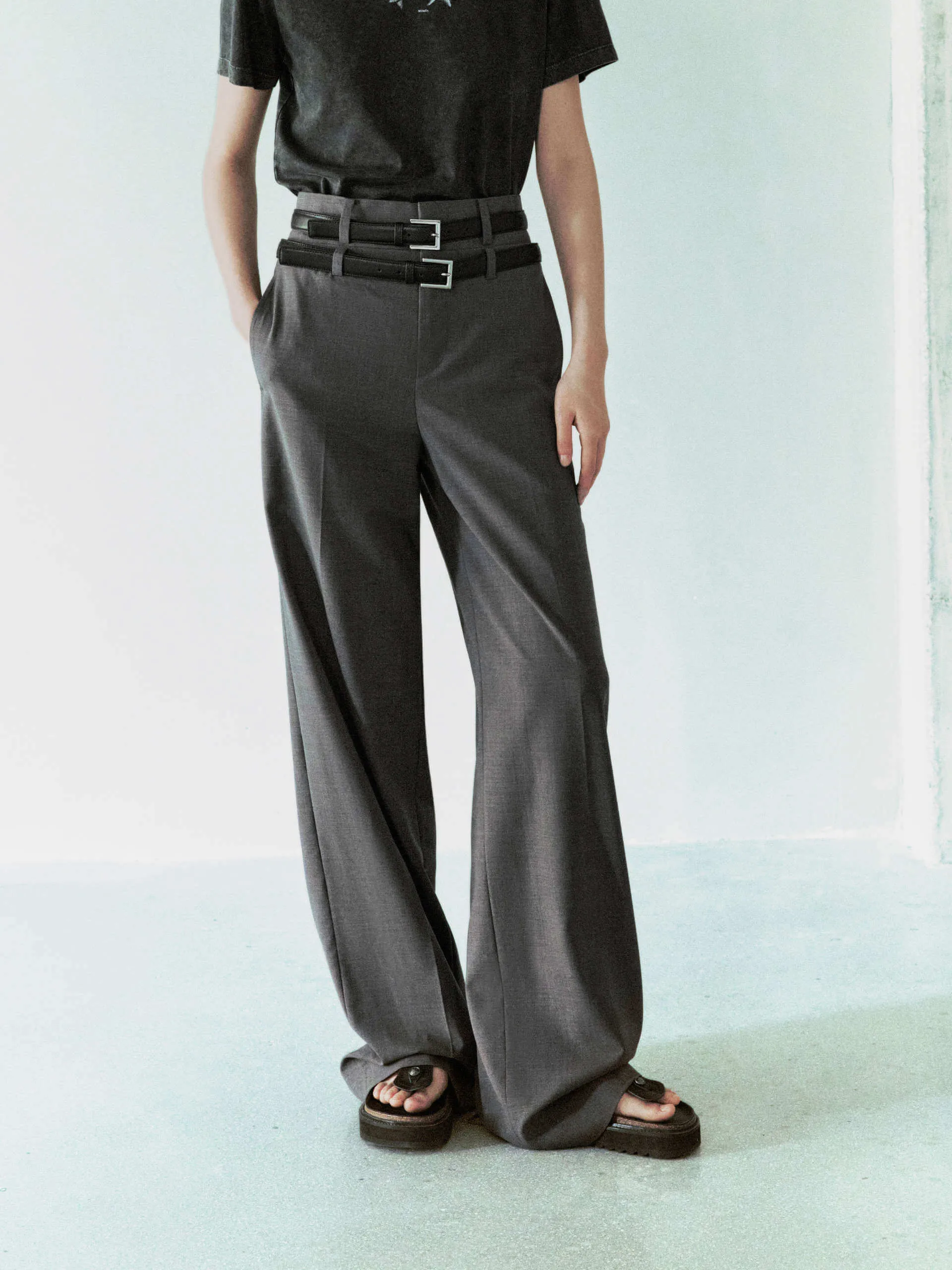 Wool Blend Belt Pants